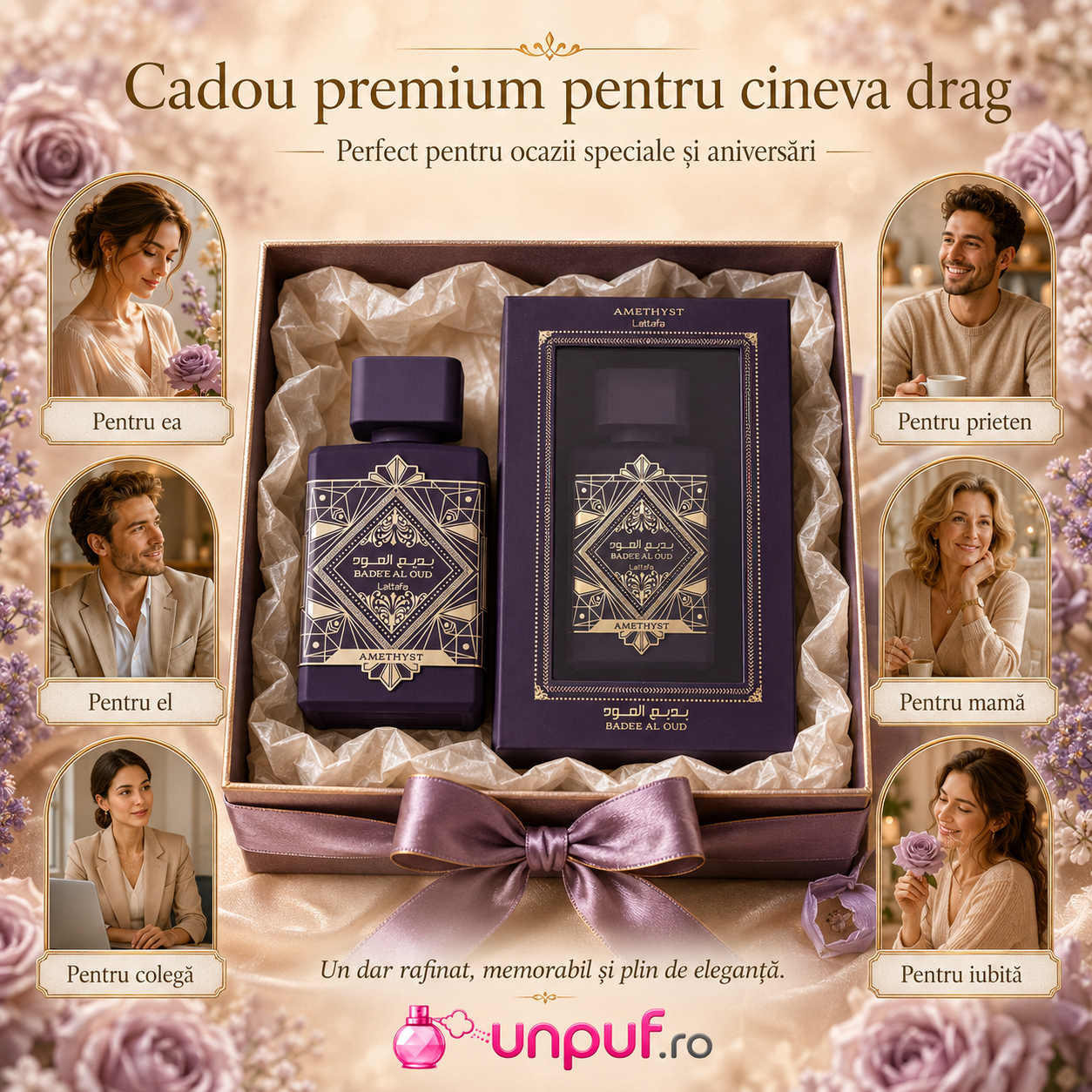 Ce primești &icirc;n colet Lattafa Bade'e Al Oud Amethyst parfum arabesc unisex 100 ml ambalat cu atenție
